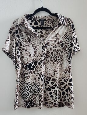 Alfani Women's Animal Print Short Sleeve Button Front Top - Cream/Brown/Black